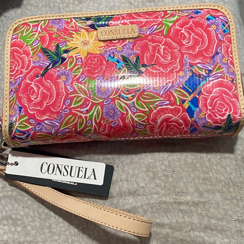 Consuela Hot Pink Floral Zip Wristlet with Tan Strap